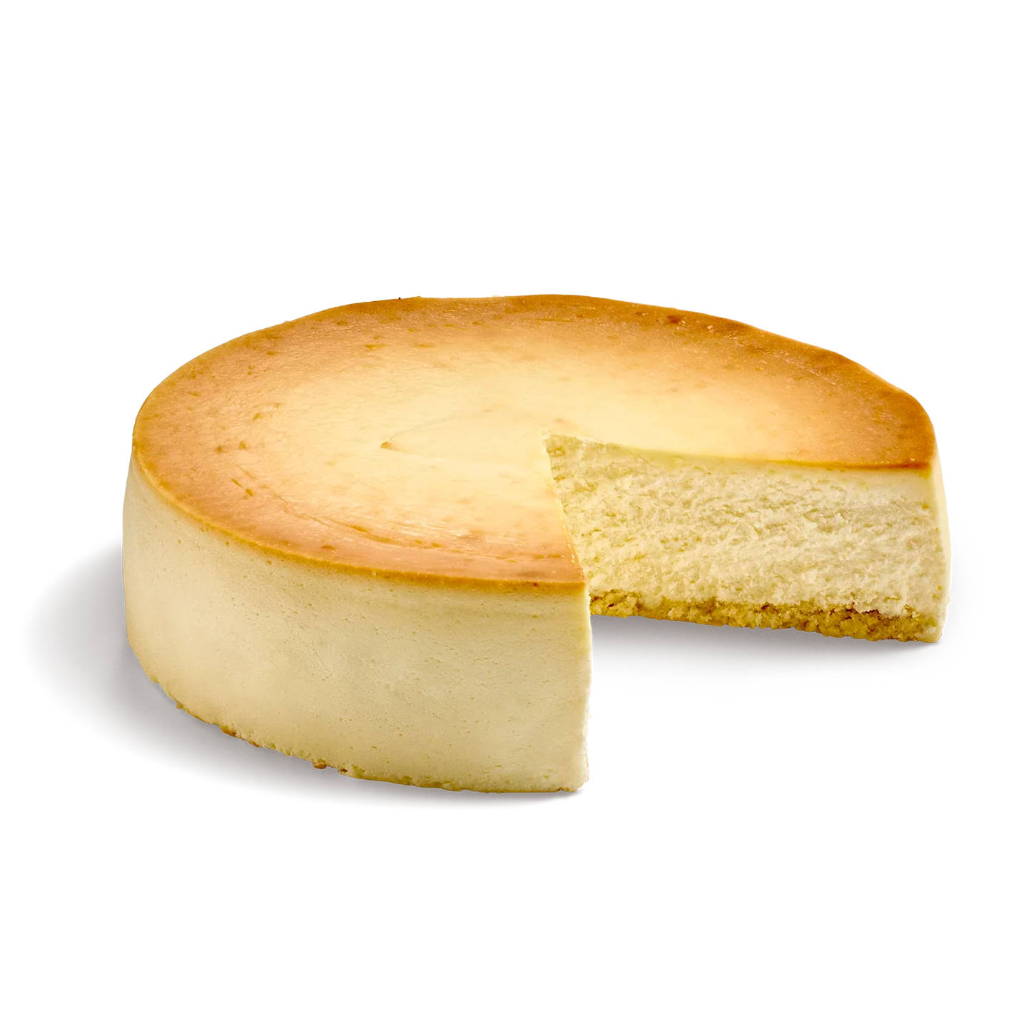 Classic baked cheesecake with a slice cut to show the finished interior