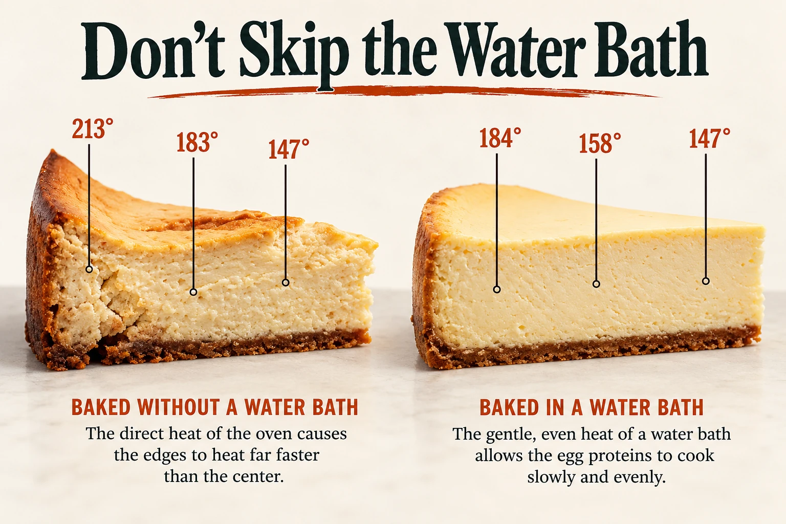 Cheesecake temperature comparison showing the effect of a water bath on the thermal gradient